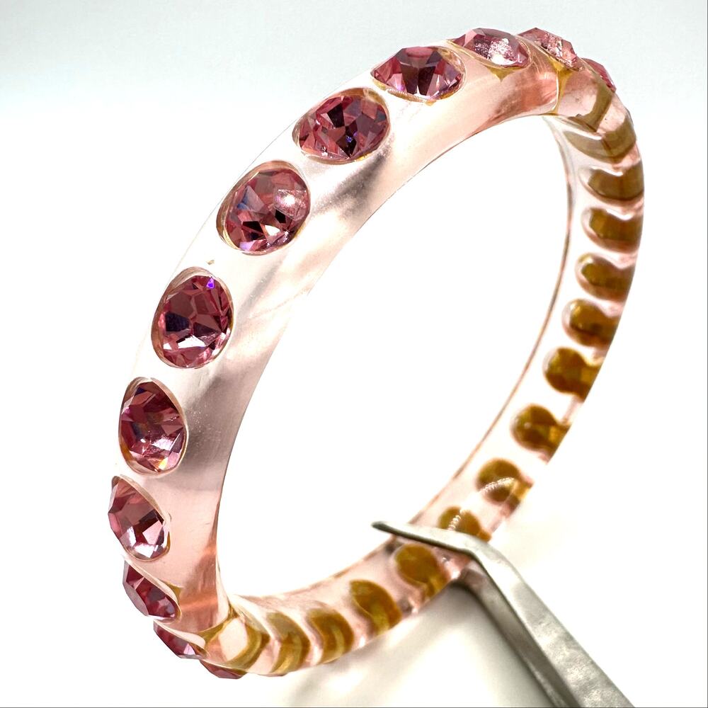 Pale pink clear acrylic rose glass rhinestones statement bangle bracelet